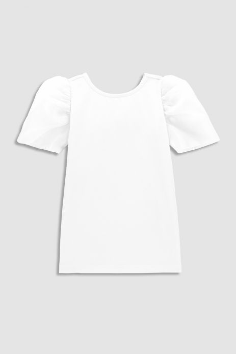 Bluză cu mânecă scurtă alb, cu o fundiță decorativă pe spate 2