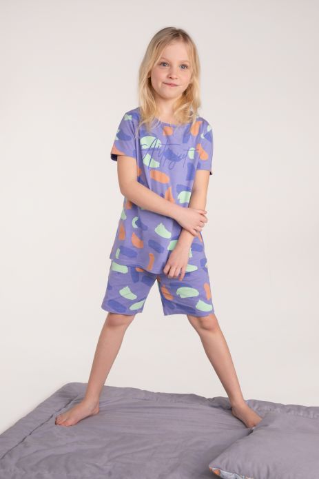 Pijama pentru fete bumbac, mov, cu mânecă scurtă
