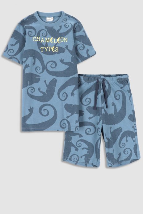 Pijama pentru băieți bumbac, albastru, cu mânecă scurtă