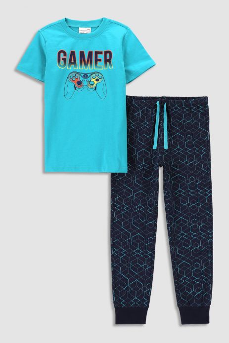 Pijama pentru băieți bumbac, albastru, cu mânecă scurtă 2