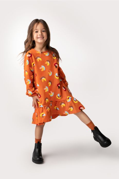 Rochie tricotată portocaliu cu imprimeu și volan