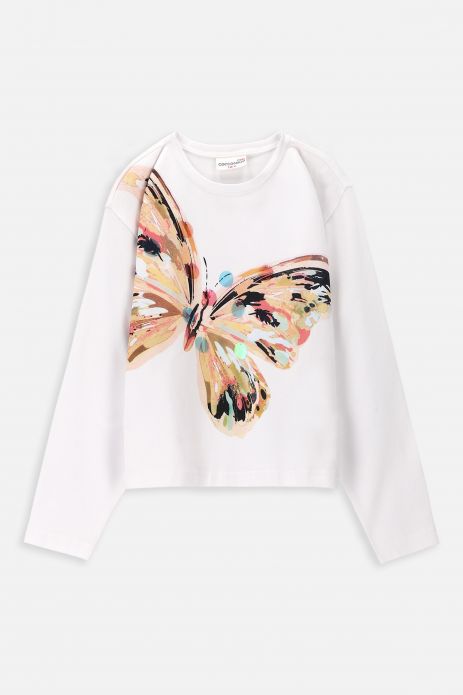Tricou cu mânecă lungă alb, cu imprimeu fluture
