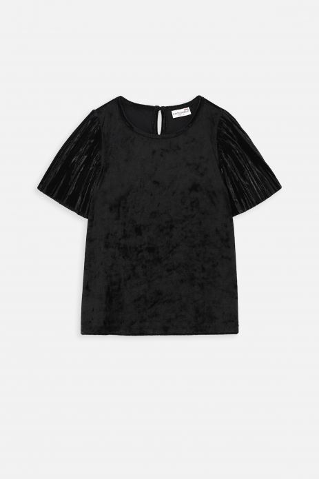 Bluză cu mânecă scurtă negru, simplu cu mâneci decorative 2