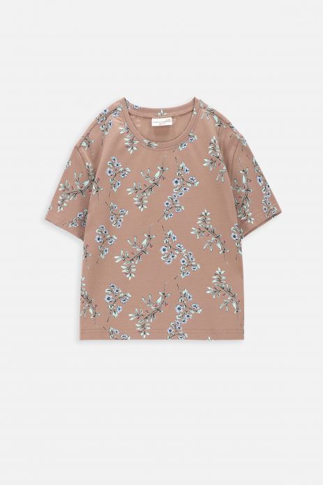Tricou cu mânecă scurtă maro, cu imprimeu floral