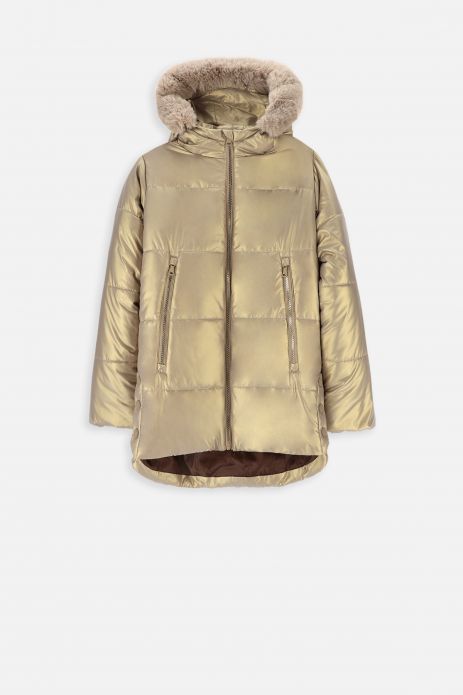 Jachetă de iarnă auriu, cu glugă și buzunare 2