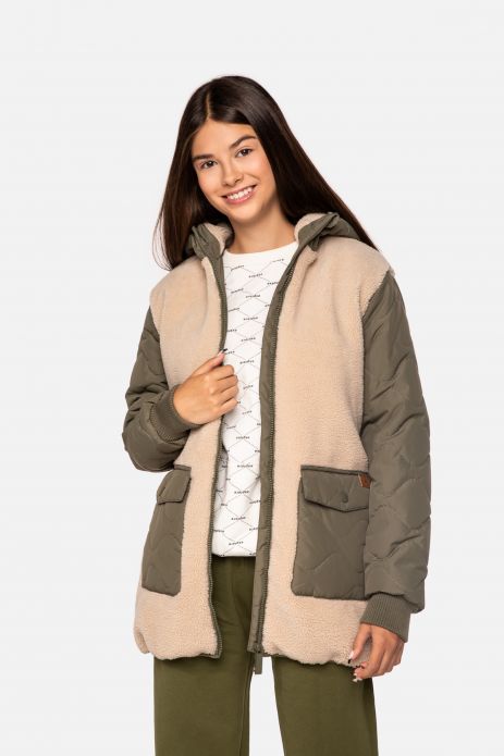 Jachetă de tranziție pentru fete din blană, cu glugă și buzunare