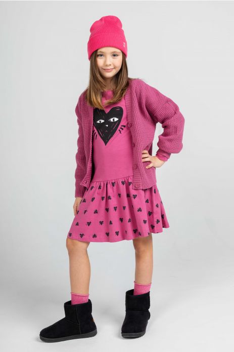 Rochie tricotată cu mânecă lungă roz, evazat, cu inimi și o pisică