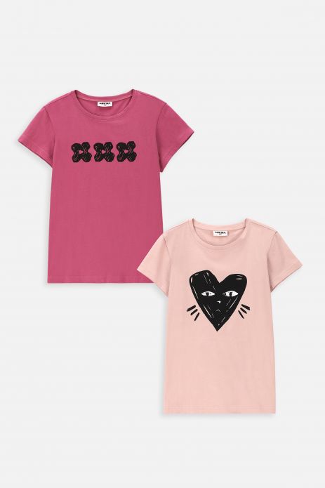 Tricou cu mânecă scurtă, set 2 bucăți roz, cu inimă-pisică și flori