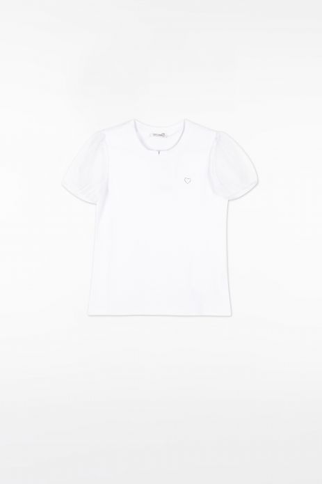 Bluză cu mânecă scurtă alb cu decor din zirconiu și mâneci din tul