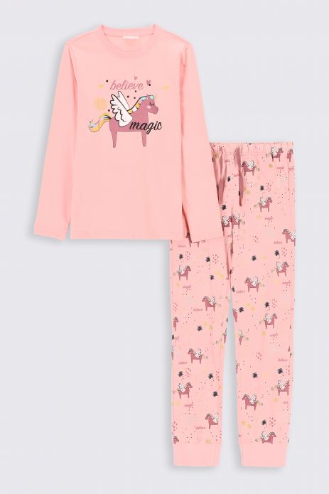Pijamale fete roz bumbac, cu mâneci lungi 2